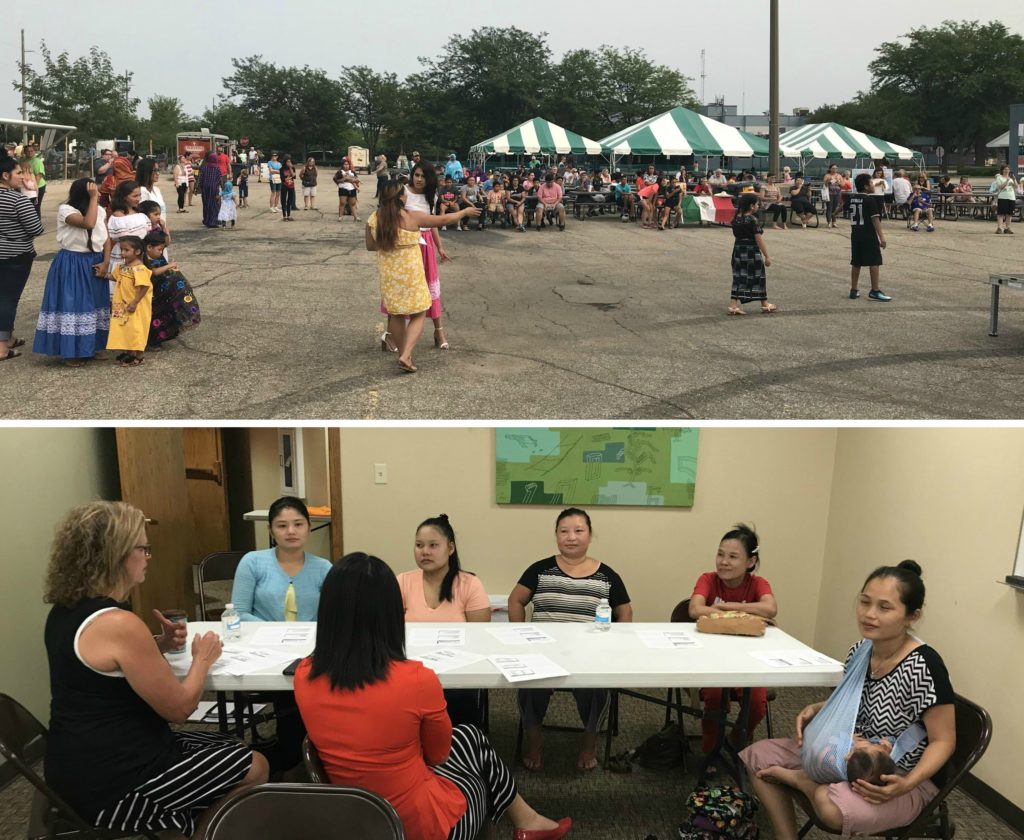 Split image: top section shows tents and performers at the Culture Fest; bottom image shows participants sitting in the meeting about identity theft